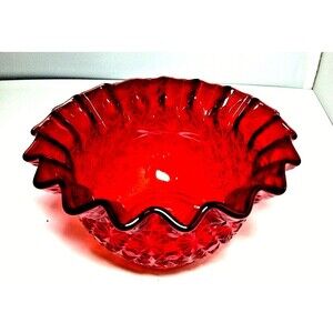 Amberina Glass Daisy & Button Bowl Crimped Ruffled Bowl Red Vintage LE SMITH